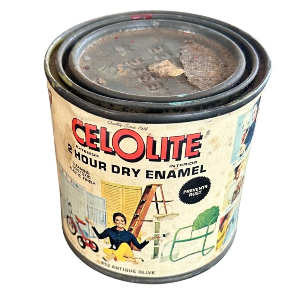 Vintage Celolite Enamel Paint Can Antique Olive MidCentury Prop Decor Movie Prop